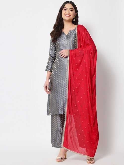 Sahiba Gray Brocade Kurti with Straight Palazzo and Dupatta