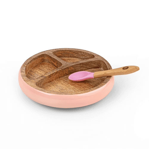 Wooden Round Plate With Silicone Suction And Spoon – Pink