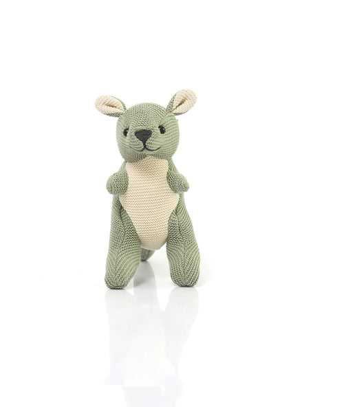 Doodle Kangaroo Rattle Cotton Knitted Stuffed Soft Toy (Pistachio Green & Natural)