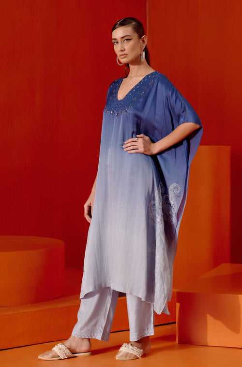 Blue Ombre Mirror Embroidered Kaftan Set