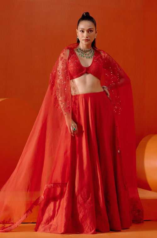 Red Embroidered Silk Chanderi Lehenga Set