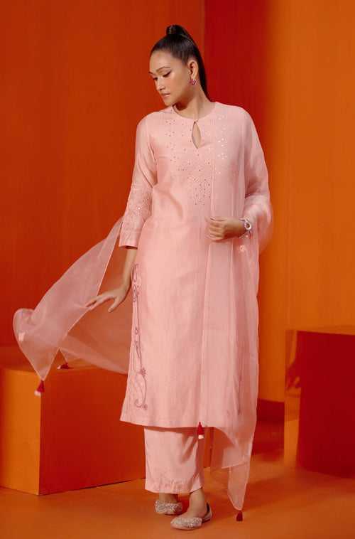 Blush Pink Embroidered Silk Chanderi Kurta Set