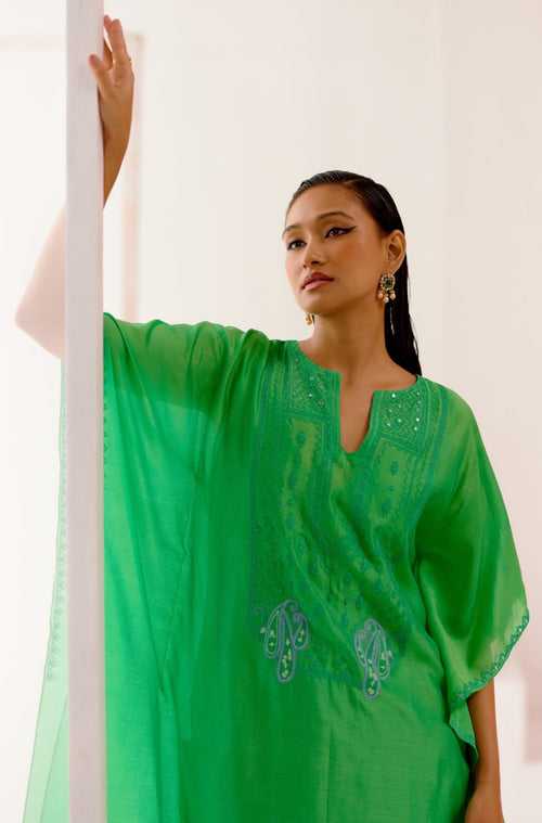 Green Silk Chanderi Embroidered Kaftan Set