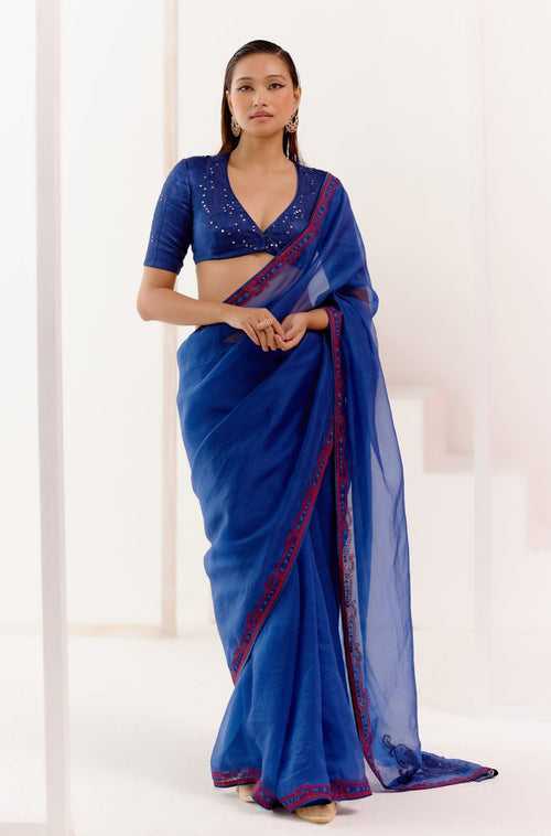 Royal Blue Multi Hued Dori Embroidered Organza Saree