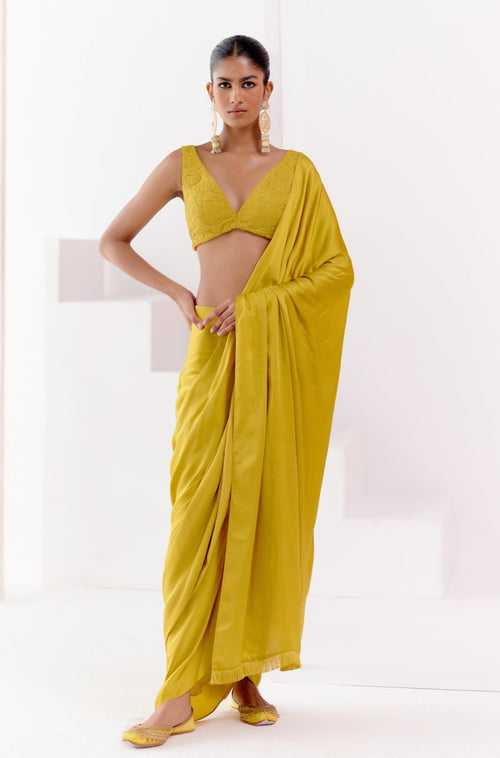 Mustard Satin Pre Draped Saree