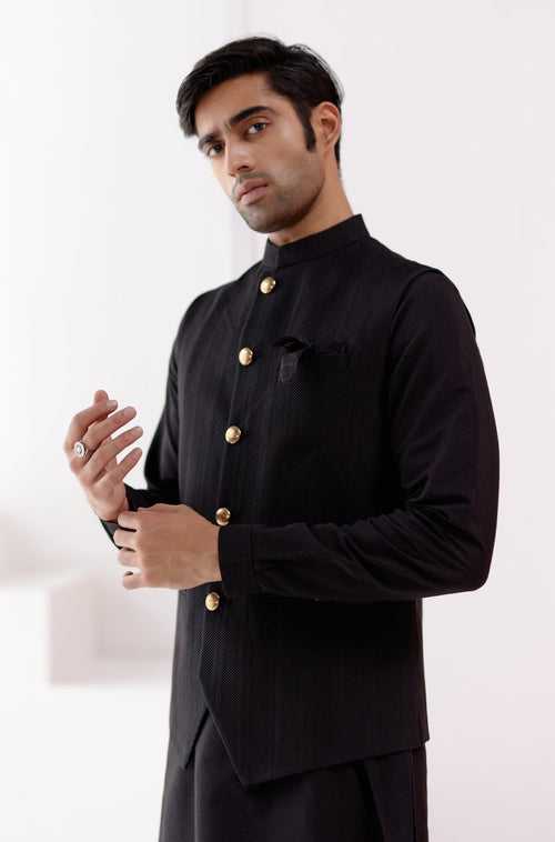 Black Kurta Set with Pin Tucks Bundi