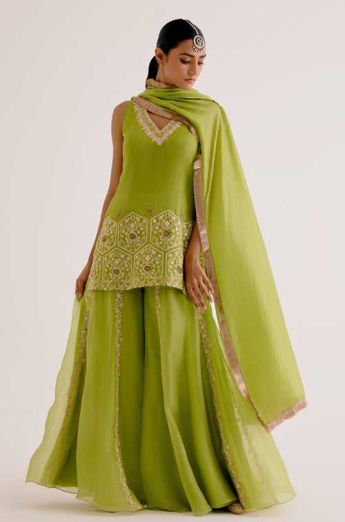 Green in Embroidered Sharara Set