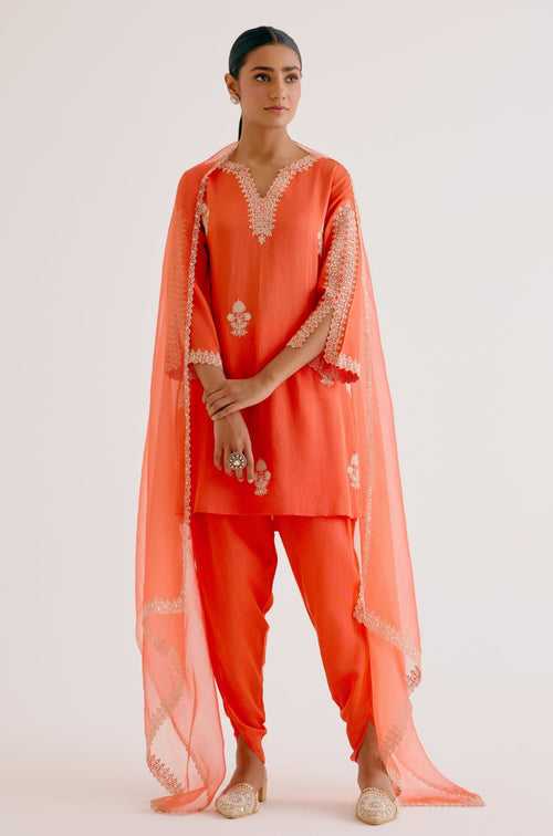 Orange Sequins Embroidered Dhoti Set
