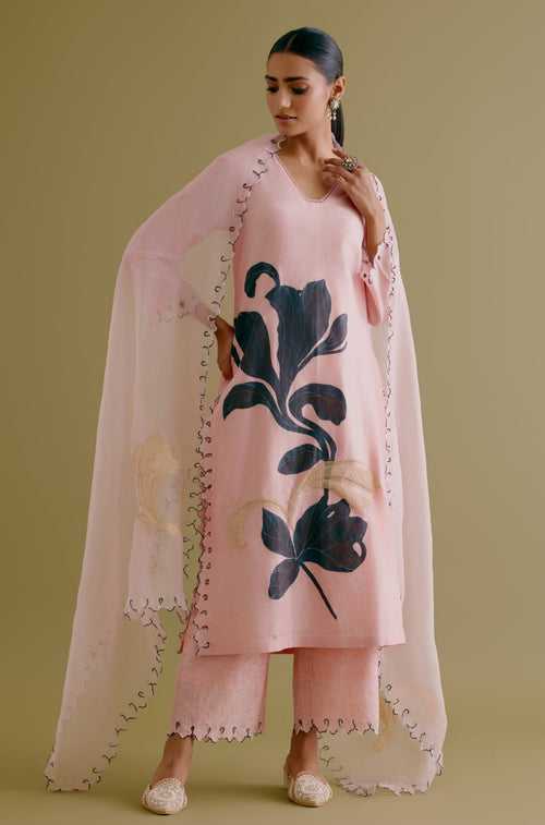 Blush Pink Hand-Painted Chanderi Kurta Set