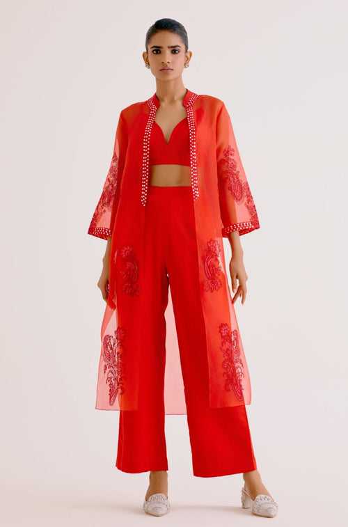 Red Embroidered Cape and Pant Set