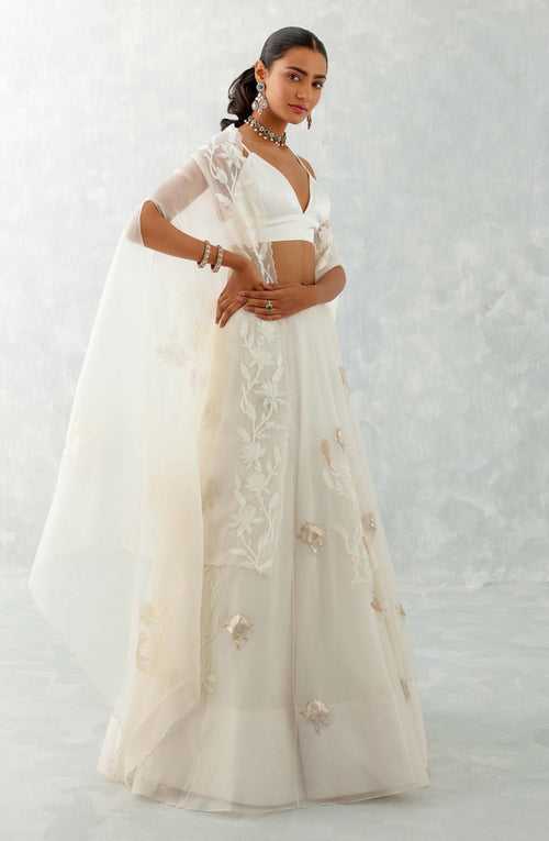 Aamna Sharif in Ivory Silk Organza Cape Lehenga Set