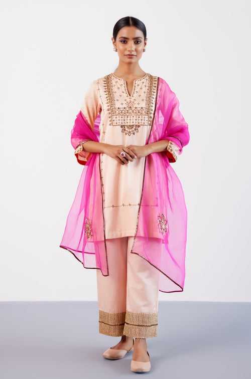 Blush Pink Hand Embroidered Cotton Silk Satin Kurta Set