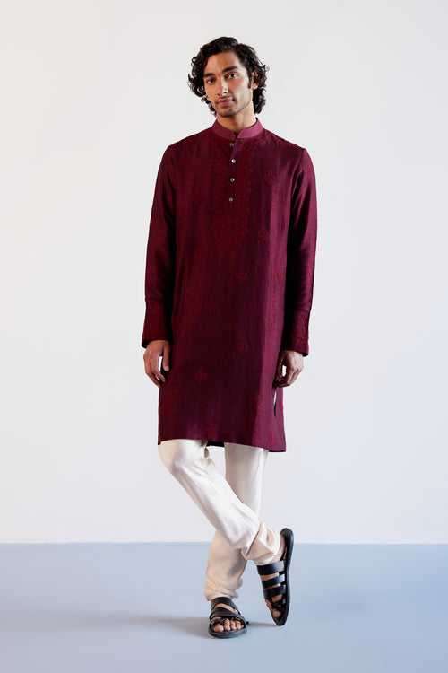 Maroon Embroidered Tussar Silk Kurta Set