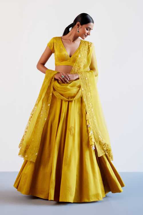 Mustard Yellow Embroidered Cotton Silk Satin Lehenga Set