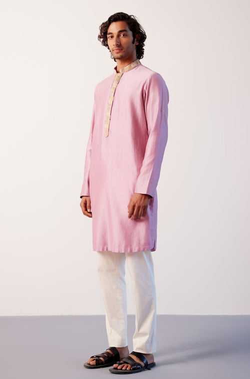 Lilac Silk Chanderi Embroidered Kurta Set