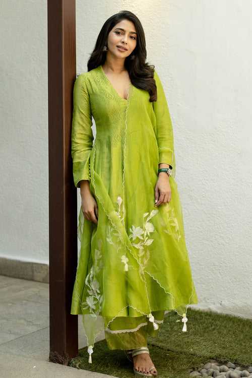 Green Embroidered Chanderi Anarkali Set (RTS)