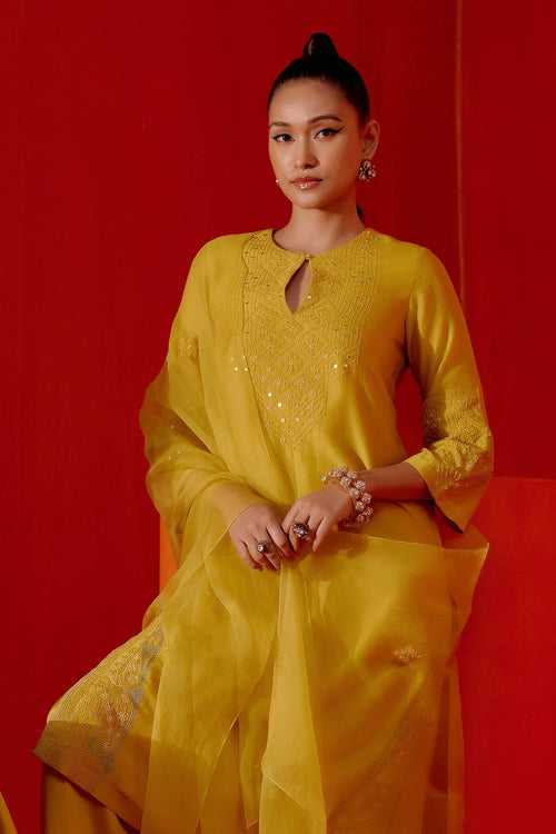 Mustard Embroidered Silk Chanderi Kurta Set (RTS)