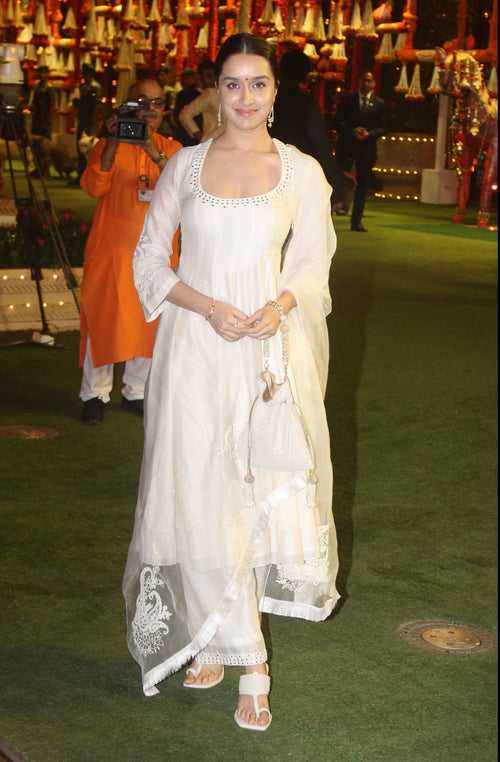 Shraddha Kapoor in Ivory Patra Embellished Silk Chanderi Anarkali Set