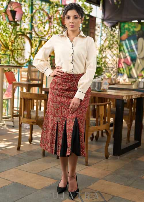 Maroon Ajrakh box pleated skirt - Shirt Optional