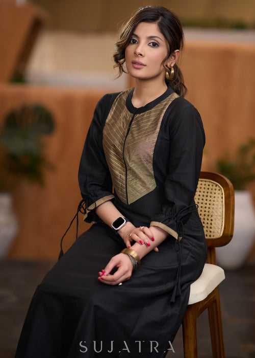 Stylish Black Cotton silk kurta with golden zari yoke Pant optional