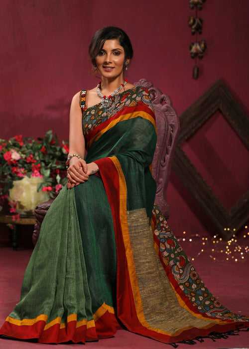 Green pure linen saree with hand painted kalamkari border