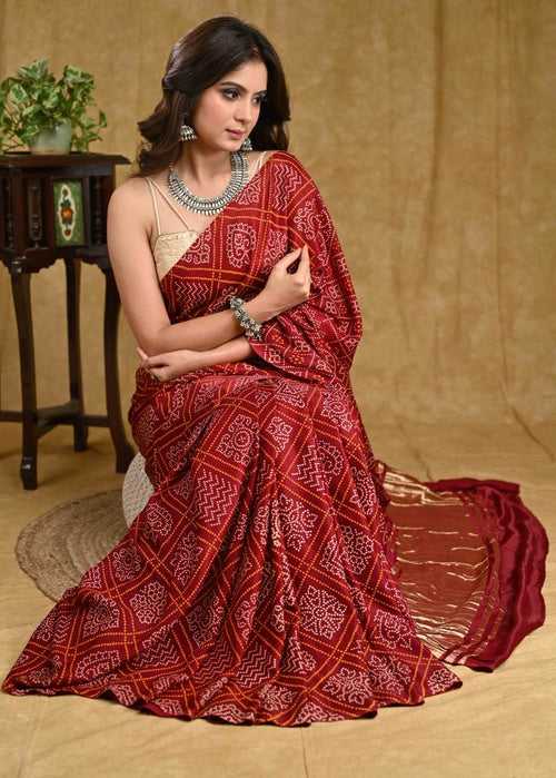 Beautiful Maroon Ajrakh Print Modal Saree