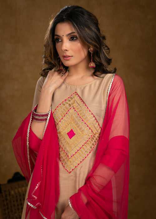 Exclusive Beige Cotton Silk Kurta Highlighted with Classy Zari Work and Dupatta - Pant Optional