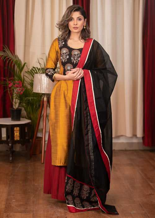 Straight Cut Cotton Silk Kurta with Exclusive hand embroidered Ajrakh Yoke & Chanderi Dupatta - 2 Piece