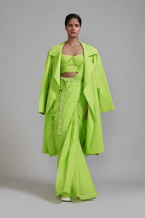Neon Green Fringed Saree-Corset-Jacket Set (3 PCS)