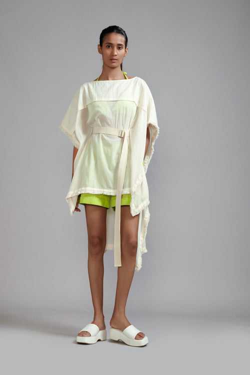 Off-White with Neon Green Fringed Kaftan Co-Ords Set (3 PCS)