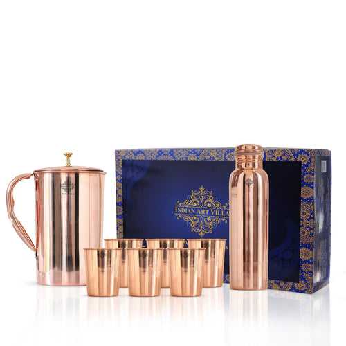 Indian Art Villa Copper Drinkware Gift Set of 6 Glass, 1 Bottle and 1 Jug in Lustrous Shine Finish