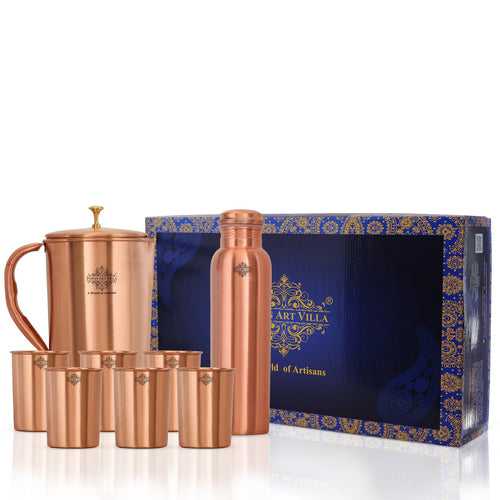 Indian Art Villa Copper Drinkware Gift Set of 6 Glass, 1 Bottle and 1 Jug, Lacquer Coated