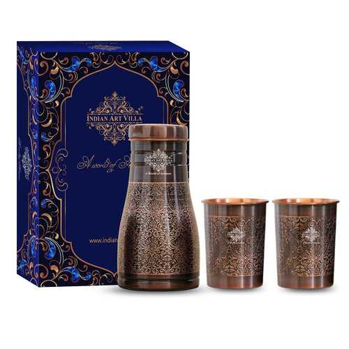 Indian Art Villa Copper Bedroom Antique Dark Finished Bottle with 2 Copper Glass, Embossed Design gift set