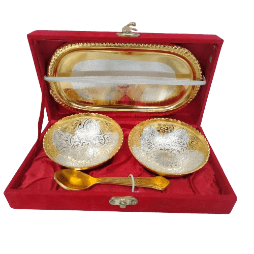 Indian Art Villa Silver Plated Gold Polished Embossed Floral Design 2 Bowl Set With 2 Spoons & 1 Tray