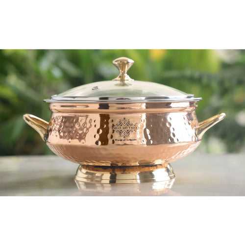 INDIAN ART VILLA Steel Copper Hammer Mughlai Handi with Brass Handle, Bottom and lid- 9.2" Width, No.4