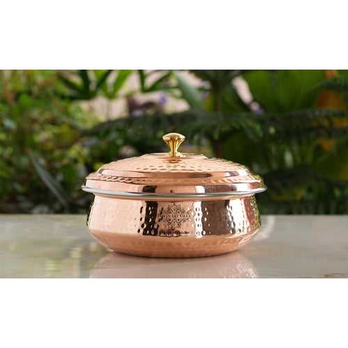 INDIAN ART VILLA Steel Copper Handi with Copper Lid, Hammered Design