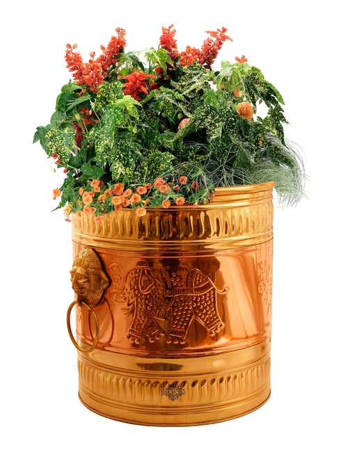 INDIAN ART VILLA Brass Planter With Embossed & Lining Design & Hande, Size- 12.5" x 13.5" inches