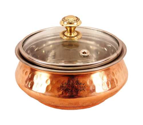 INDIAN ART VILLA Steel Copper Handmade Handi with Glass Lid - 525 ML