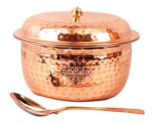 INDIAN ART VILLA Steel Copper Hammered Design Casserole Donga with Lid
