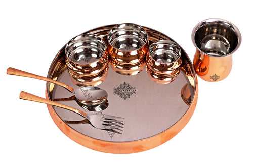 INDIAN ART VILLA Steel Copper 7 Pieces Dinner Set in Design, Set of 1 Thali, 1 Glass, 1 Spoon, 1 Fork, 2 Bowl,1 Chatni Bowl