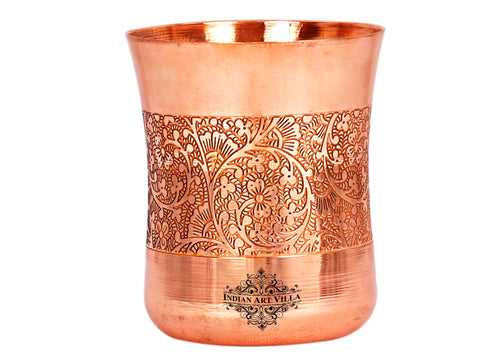 INDIAN ART VILLA Copper Curved Glass with Embossed Design, 300 ML