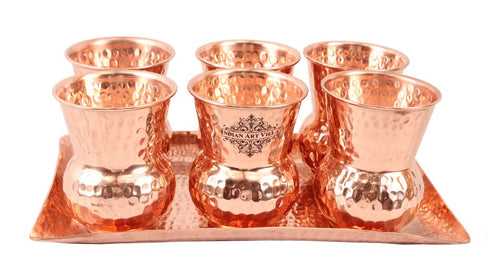 Indian art villa Copper Hammered Rectangular Tray with 6 Mathat Glasses