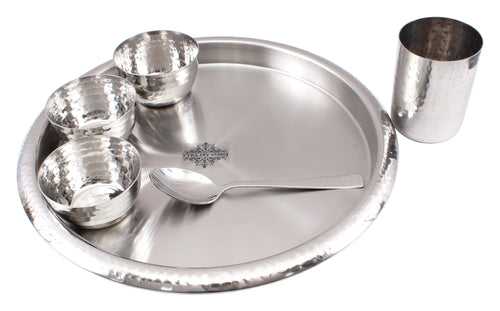 INDIAN ART VILLA Steel Hammered 6 Piece Thali Set (1 Plate, 3 Bowl, 1 Glass, 1 Spoon)