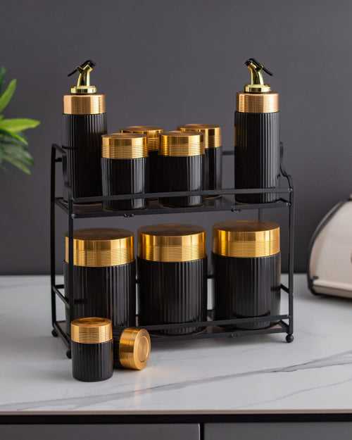 Luxury Gold Black Cruet Set with Caddy - Set of 11