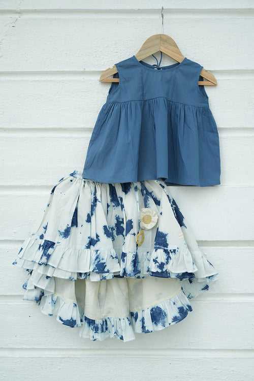 Set of 2 - 'Blue Sky’ top and high low tie and dye skirt in indigo