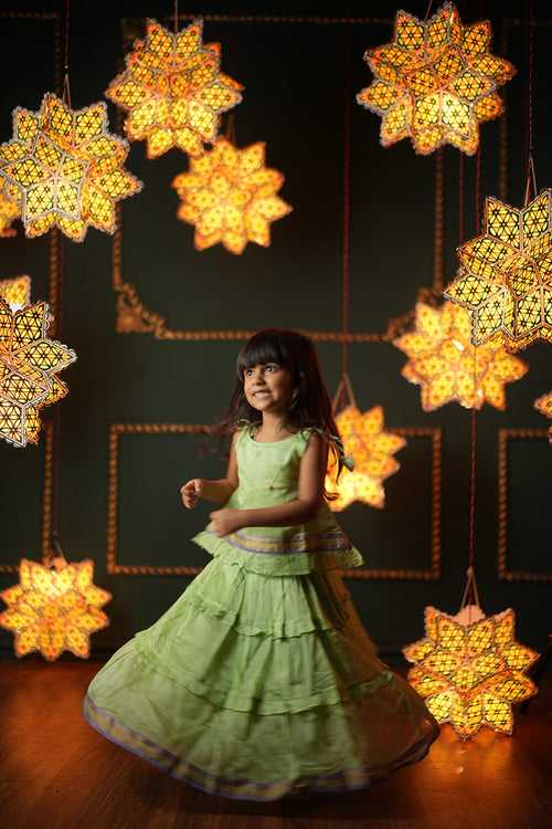 Sadabahar girls ethnic wear choli/ top and tiered lehenga skirt coord in pastel green handwoven cotton silk