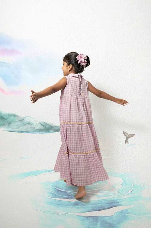 ‘Ocean waves’ purple checkered sleeveless tiered maxi dress in handwoven cotton