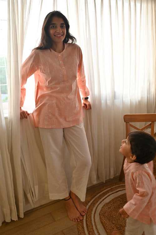 ‘I want to be like grandpa’ kurta pajama set in peachy pink reindeers hand block print - Grown up version