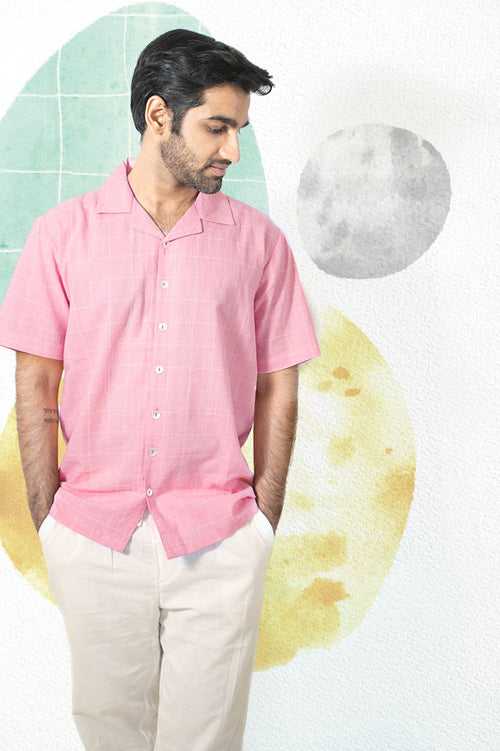 'Heartfelt letters' mens half sleeve cuban collar pink checks handwoven cotton casual shirt