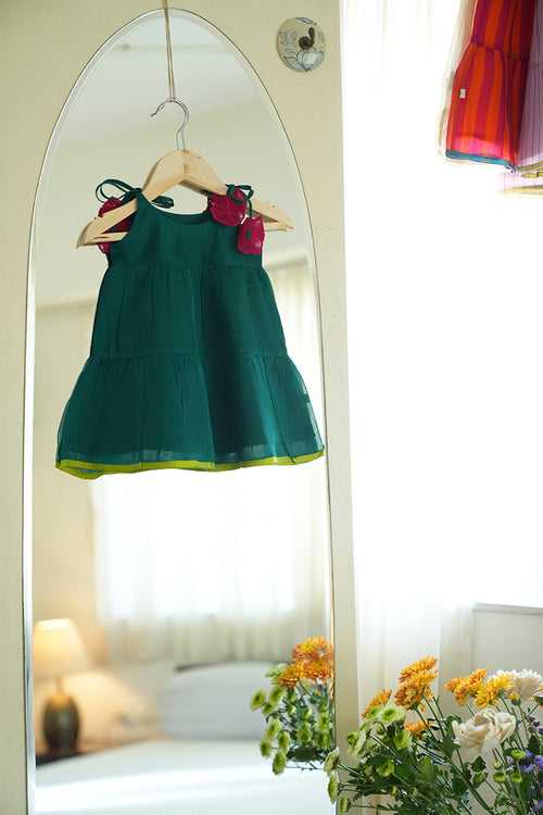 Panna Green Sleeveless Infant Tiered Dress in handwoven cotton silk (0-12 months)
